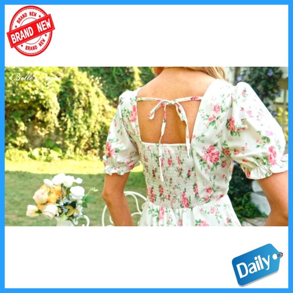 Vintage Square Neck Midi Dress Puff Sleeves Ruched Waist Cottagecore Wedding - Picture 7 of 7